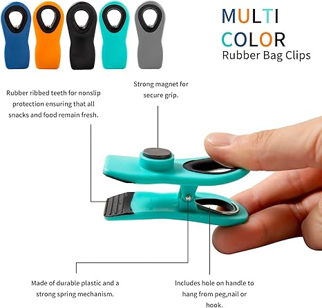 Magnetic Bread Bag Food Package Clips with Silicone Textured Mouth, 10 Pieces in 5 Colors