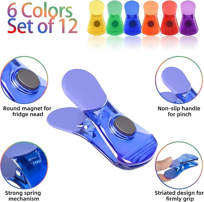 Bag Clips, 12 Pack Food Chip Snack Bag Sealing Clips, Color Refrigerator Magnet Clips Air-Tight Clips for Home Kitchen Storage