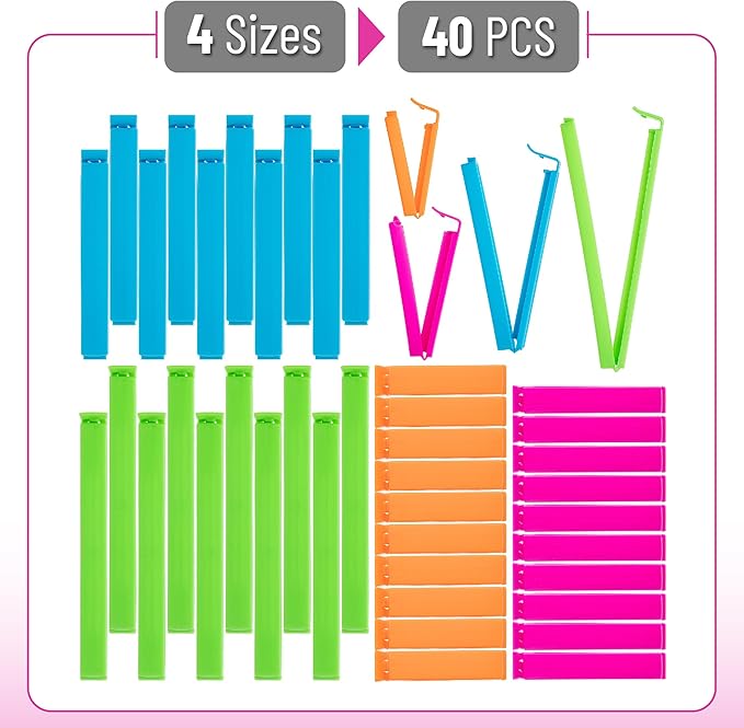 Food Bag Sealing Clips, 40pcs, 4 Sizes, Colorful Chip Clips